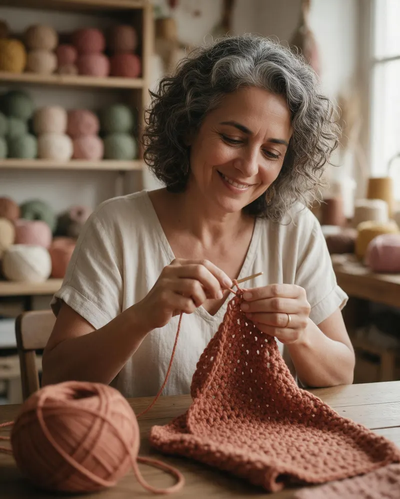 A artesã sorrindo enquanto faz crochê com fio terracota na mesa do ateliê