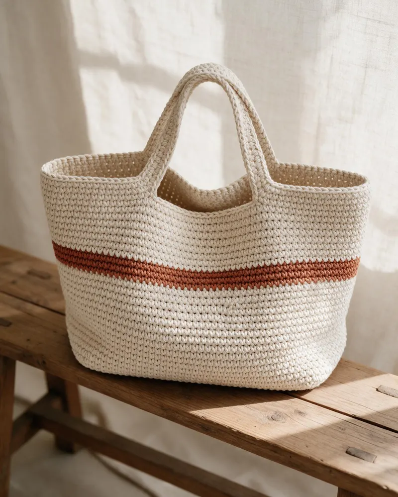 Bolsa de crochê em fio cru com uma listra terracota, apoiada em um banco de madeira