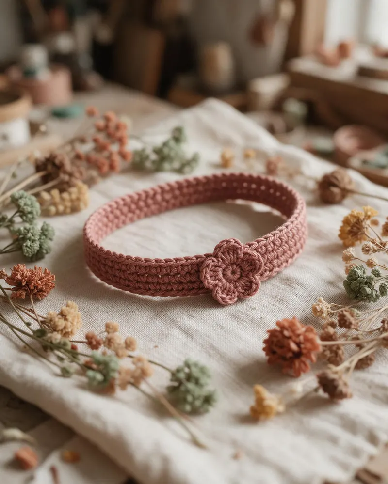 Faixa de cabelo de crochê rosa antigo com uma florzinha, sobre linho com flores secas