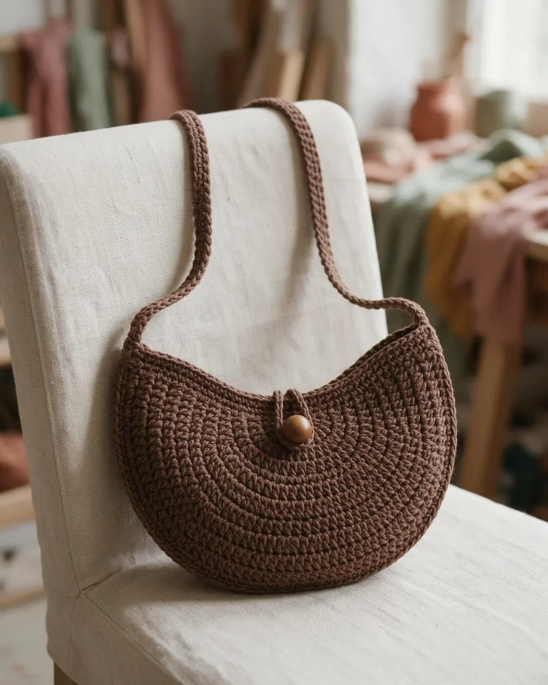 Bolsa transversal de crochê em formato de meia-lua, marrom café, com alça comprida e fecho de conta de madeira, sobre uma cadeira