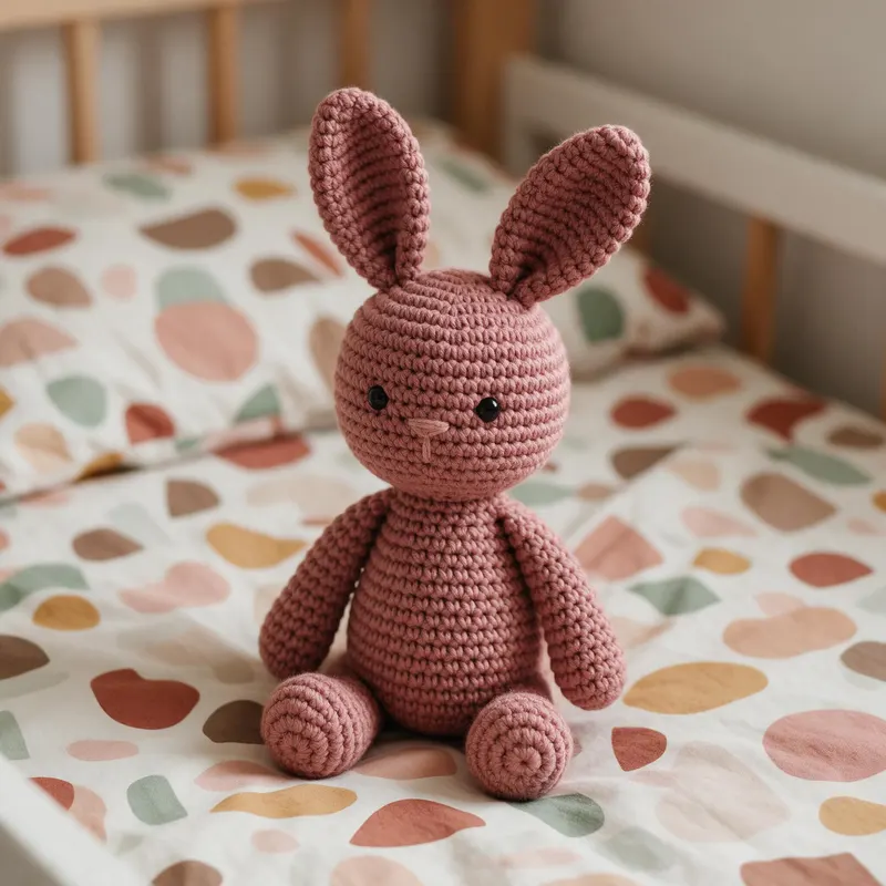 Coelha Nina rosa antigo sentada numa cama infantil de lençol estampado