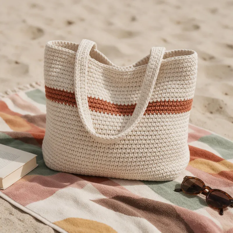 Bolsa Maré crua com listra terracota sobre uma canga na areia da praia