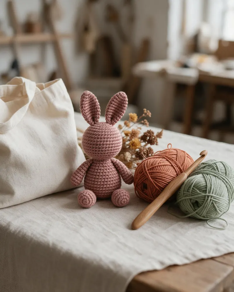 Mesa de linho com bolsa de crochê crua, coelhinha rosa antigo, novelos de algodão e uma agulha de madeira